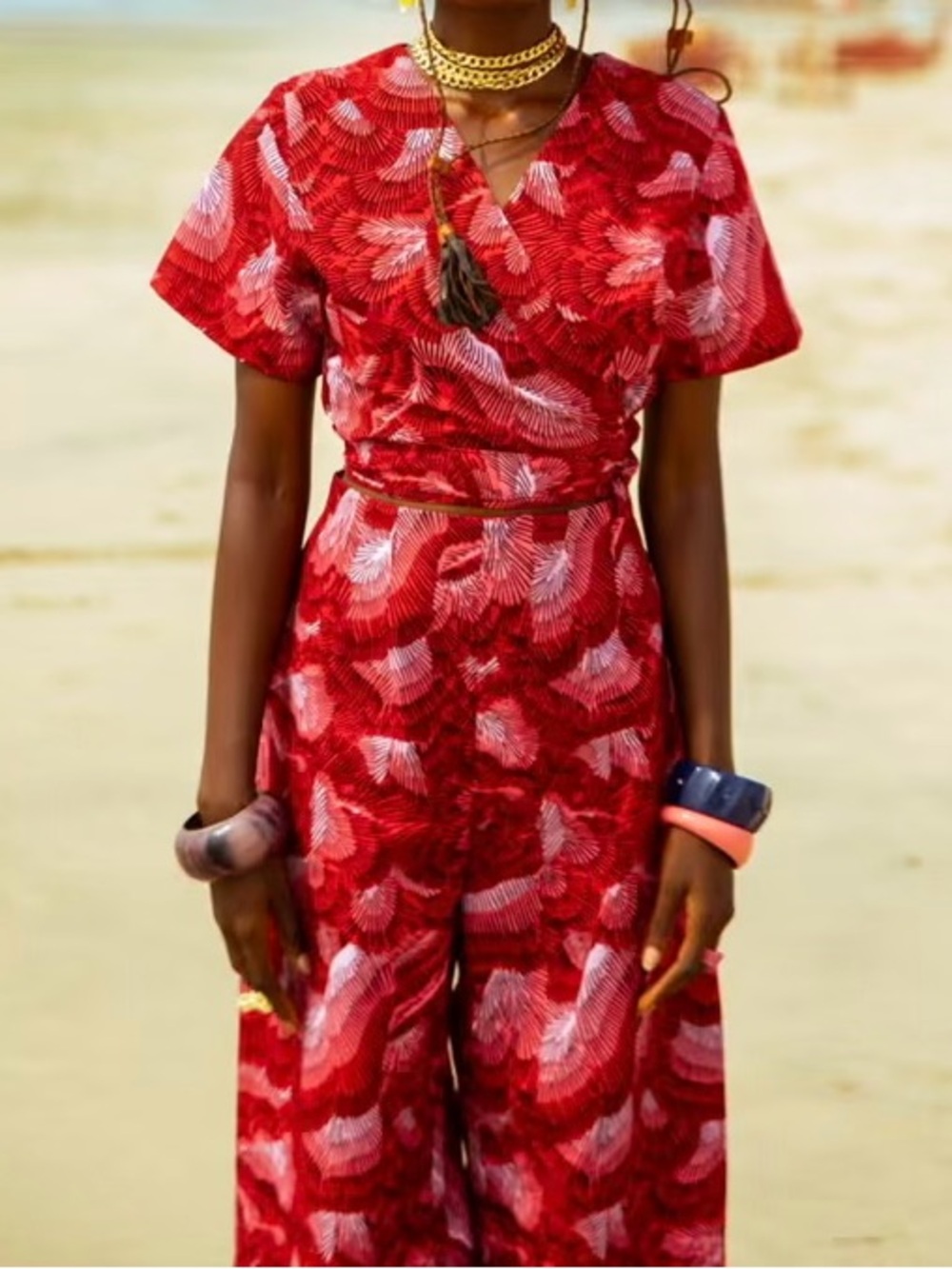 YEVU Red Feathers Wrap Top Fits XL
